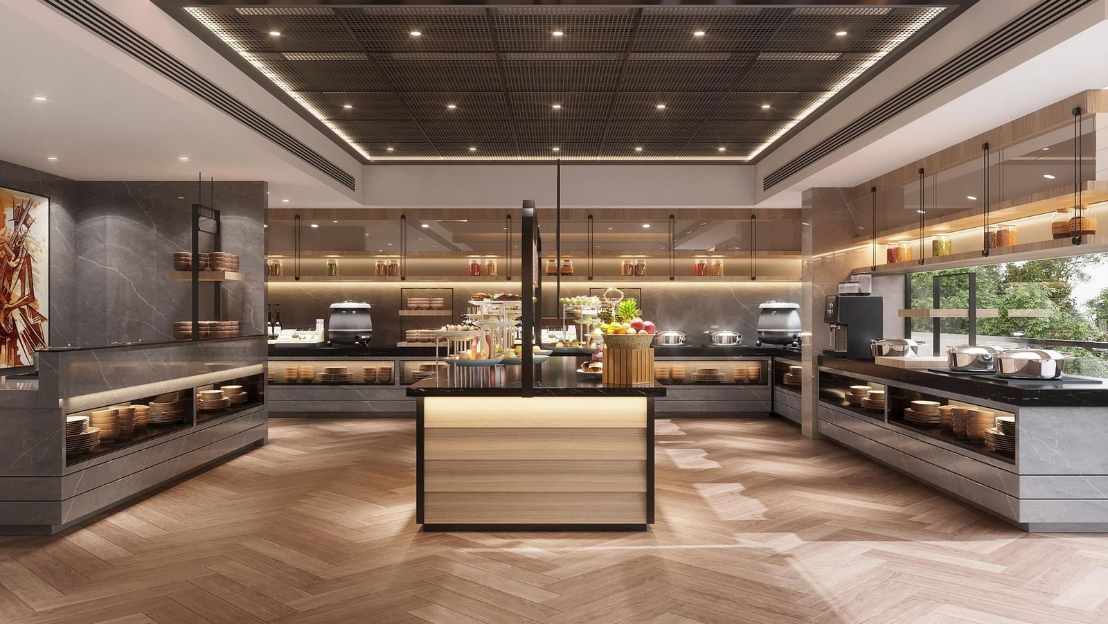 Image of a buffet section with food and crockery on the tables at Ramada Encore by Wyndham Gurugram Dwarka Expressway.